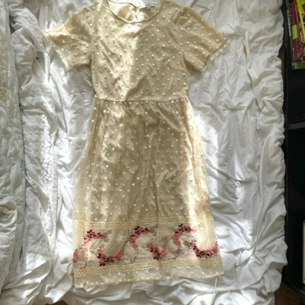 Polagram Dress, Cream Embroidered Floral Detail